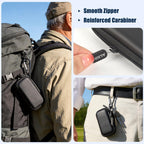 Black KardiaMobile case attached to a backpack with reinforced carabiner
