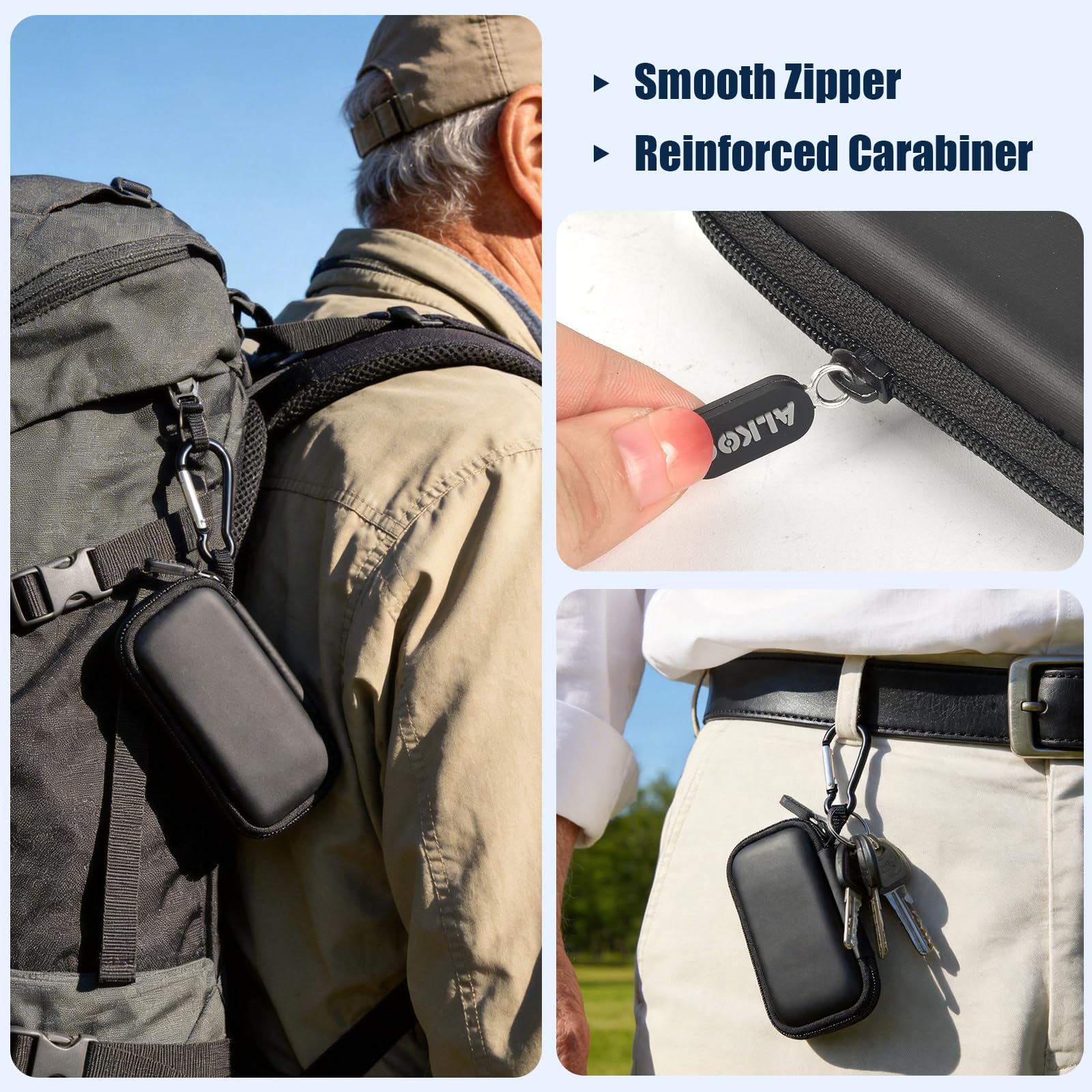 Black KardiaMobile case attached to a backpack with reinforced carabiner