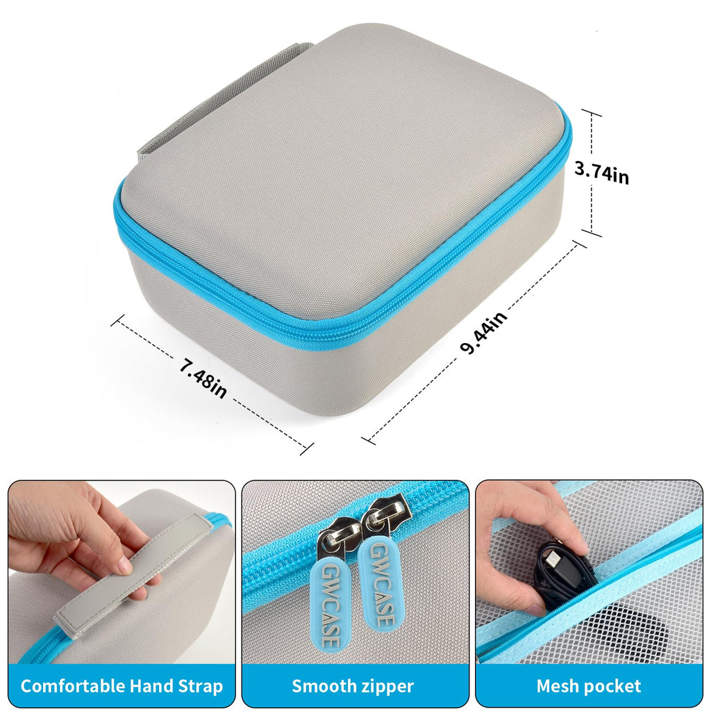 Gray and blue label maker case dimensions with handle, smooth zipper, and mesh pocket details
