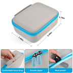 Gray and blue label maker case dimensions with handle, smooth zipper, and mesh pocket details