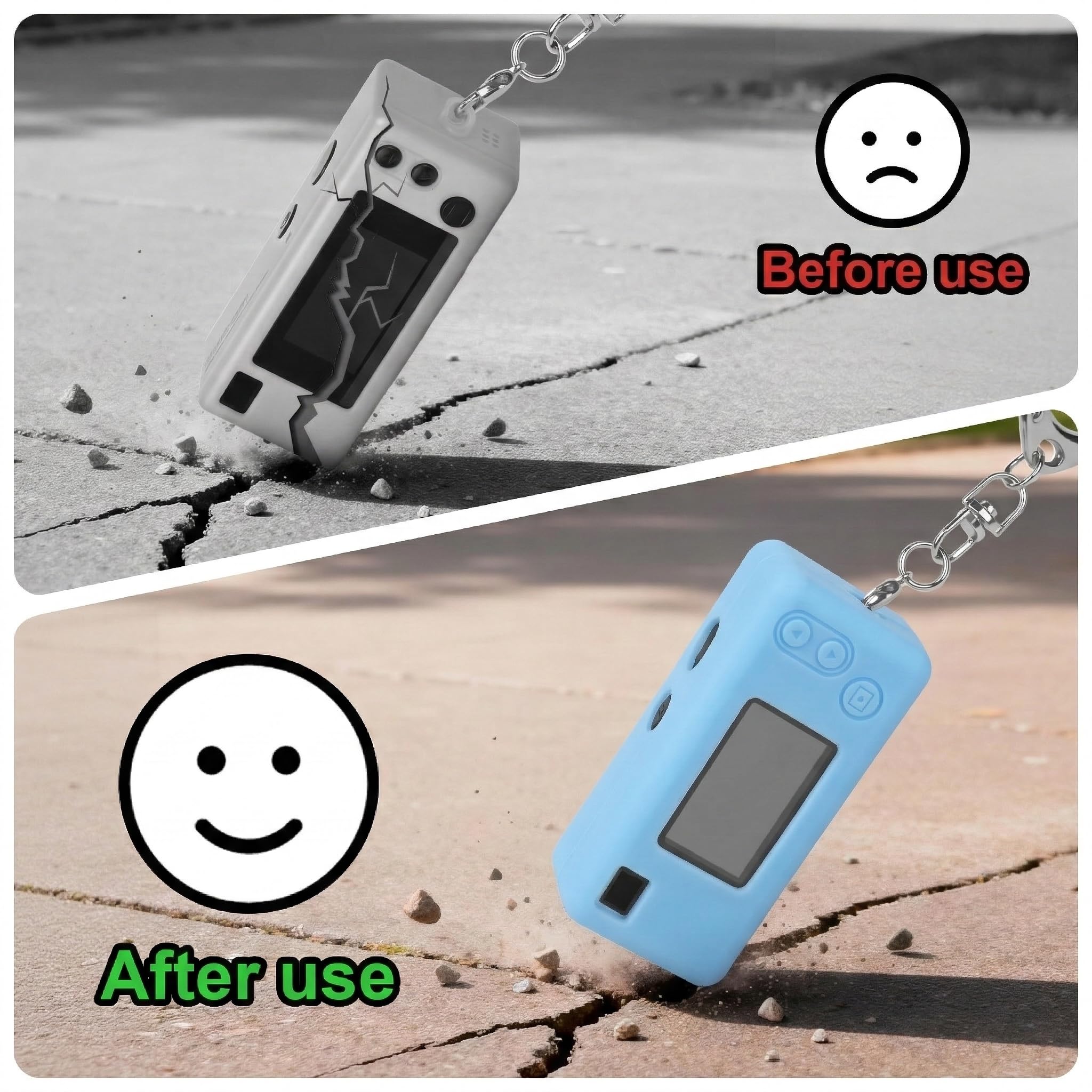 Light blue silicone case for Kodak Charmera keychain camera drop-protection demonstration with keychain attached