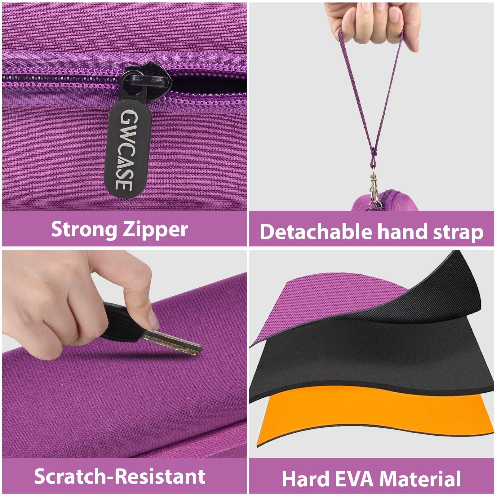 Purple 3D pen case with strong zipper, detachable strap, scratch-resistant shell, and hard EVA material