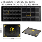 Navy coin album with 300 pockets, dimensions, and separate spaces for different coin sizes