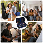 Collage of musicians using the navy dual microphone carrying case