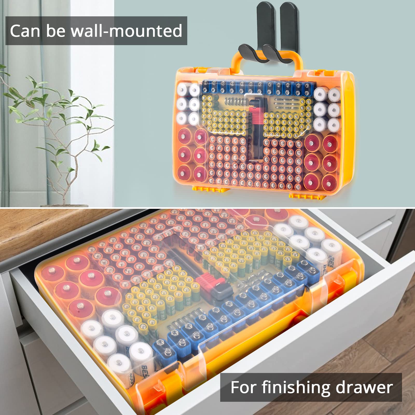 Orange 269-slot battery organizer case wall-mounted and drawer-storage options