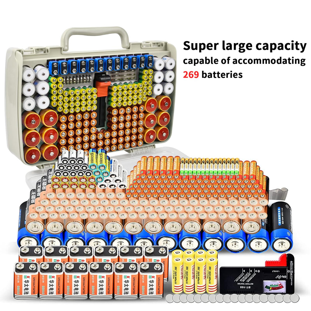 Clear gray 269-slot battery organizer case large-capacity organizer shown with supported battery sizes
