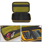 Black and yellow multimeter case interior with mesh pocket and padded divided compartment