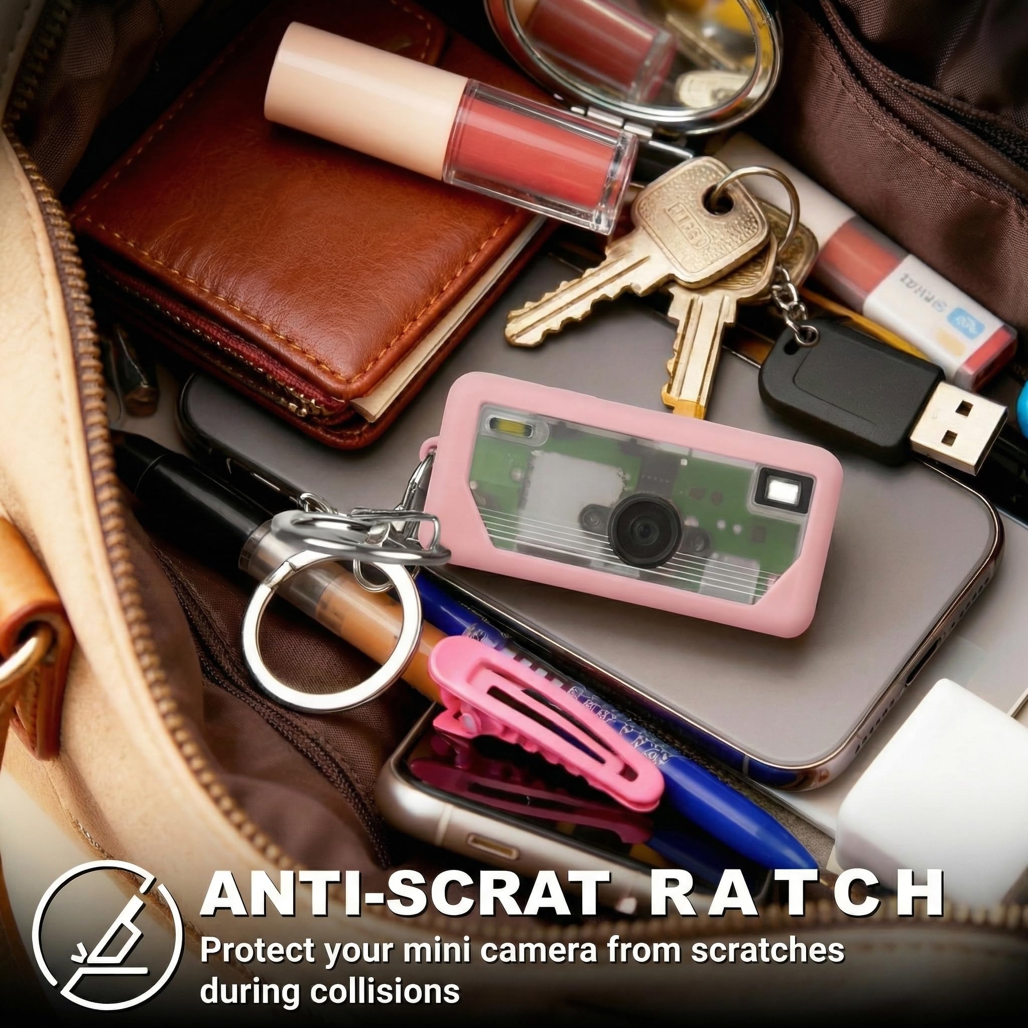 Light pink silicone case for Kodak Charmera keychain camera anti-scratch protection shown inside a bag