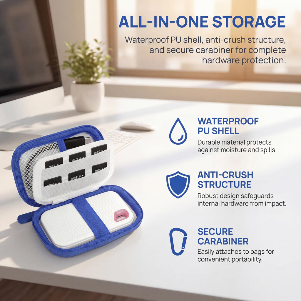 Open SanDisk SSD organizer showing water-resistant shell, anti-crush structure, and secure carabiner