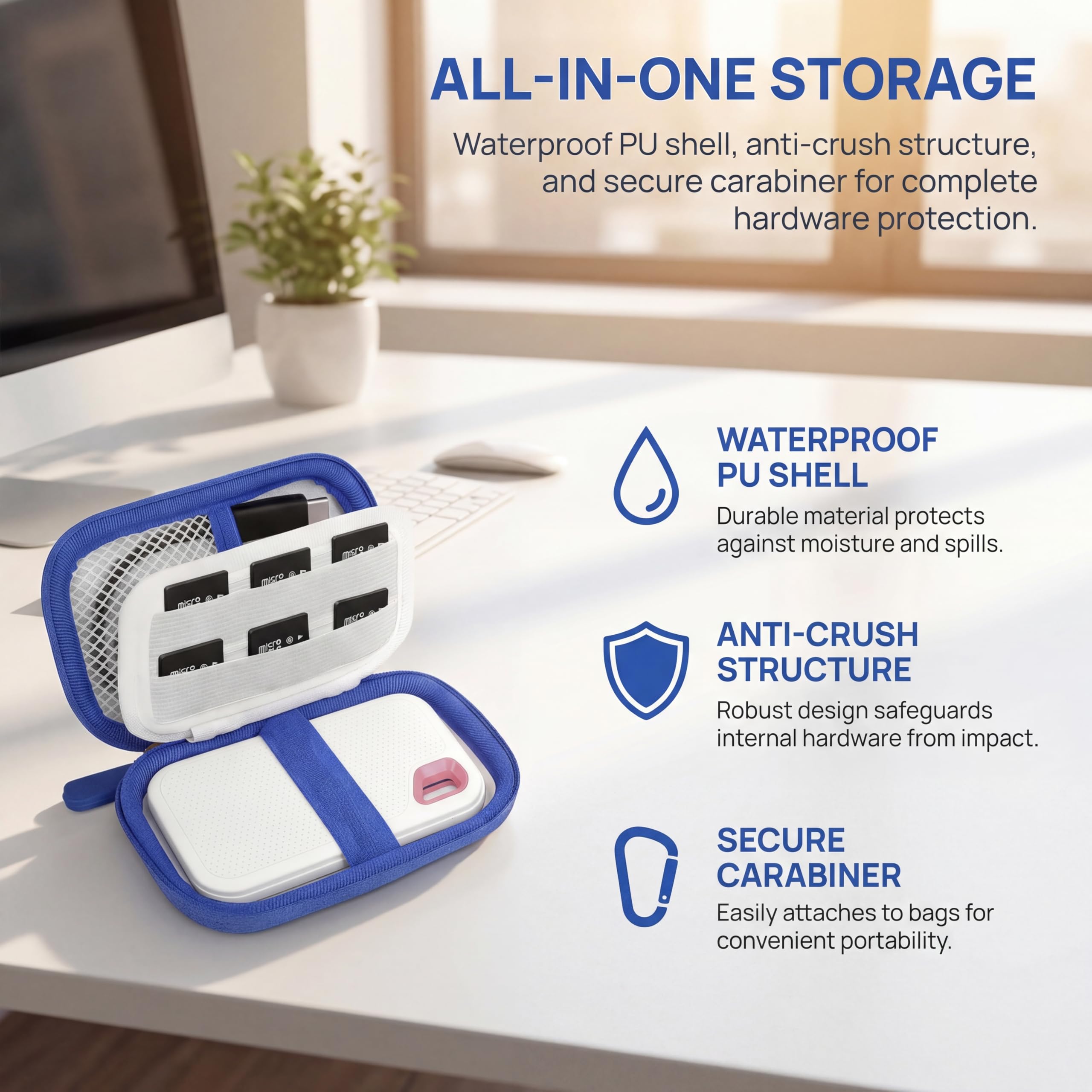 Open SanDisk SSD organizer showing water-resistant shell, anti-crush structure, and secure carabiner