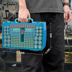 Turquoise blue 269-slot battery organizer case carried by the handle with case dimensions shown