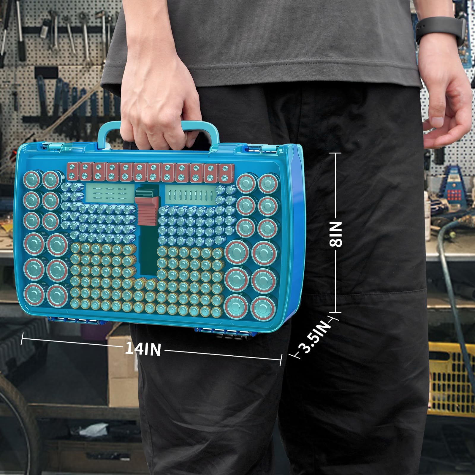 Turquoise blue 269-slot battery organizer case carried by the handle with case dimensions shown
