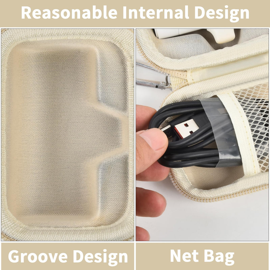 Beige charger case interior with molded groove and mesh cable pocket