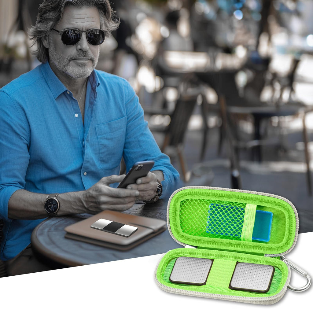 Man checking heart rhythm results beside the open green KardiaMobile organizer