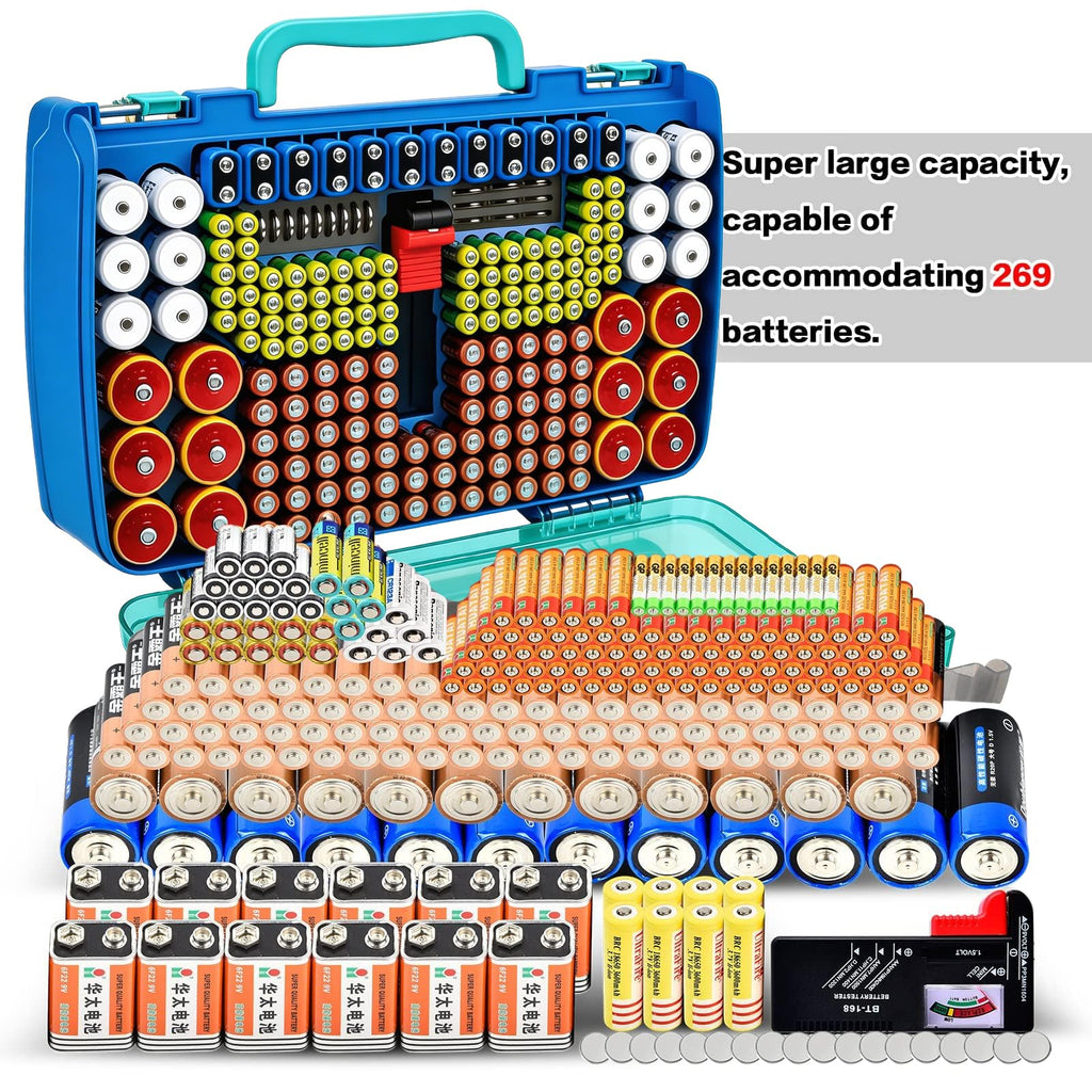 Turquoise blue 269-slot battery organizer case large-capacity organizer shown with supported battery sizes