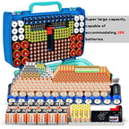 Turquoise blue 269-slot battery organizer case large-capacity organizer shown with supported battery sizes