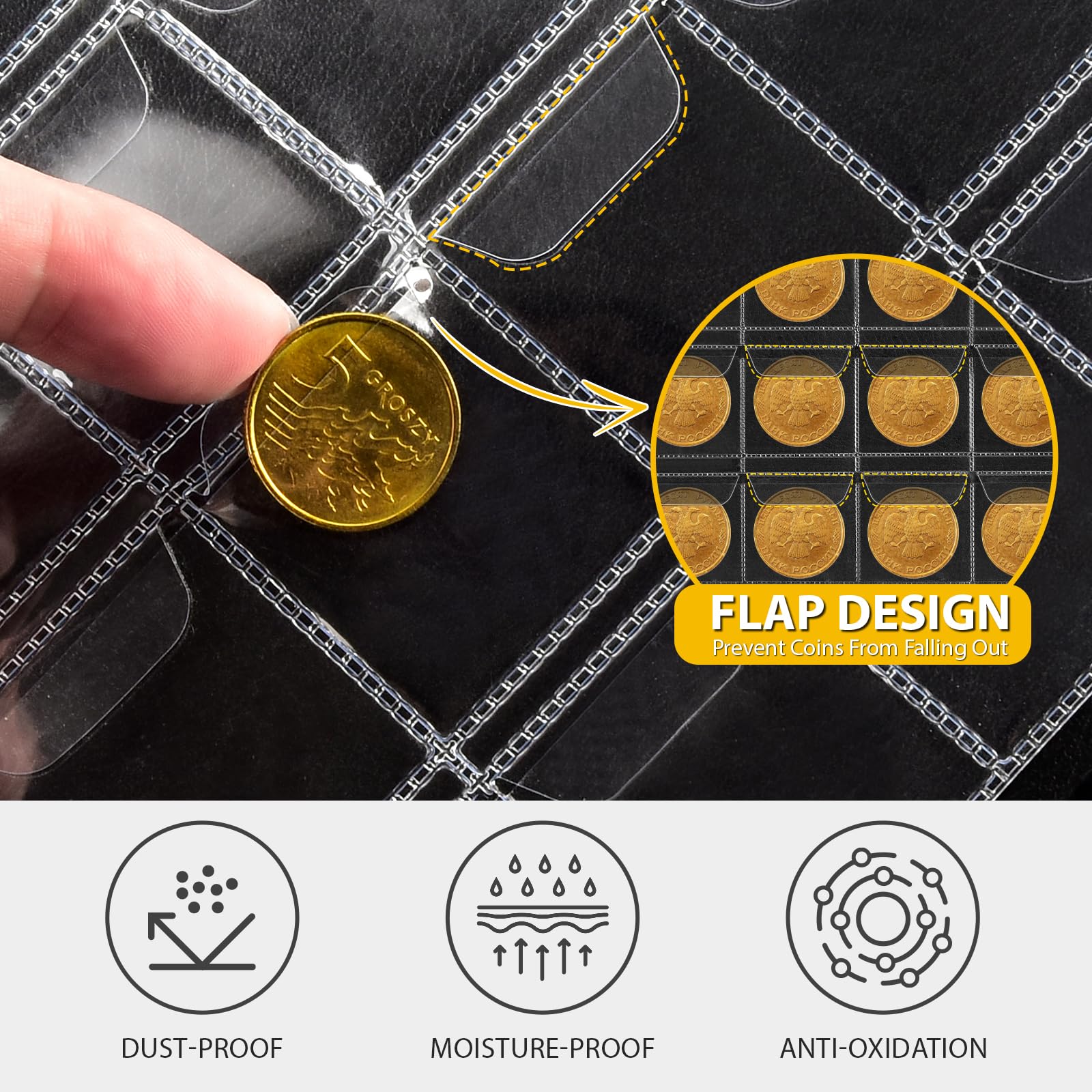 Coin album flap pockets demonstrating dust, moisture, and oxidation protection