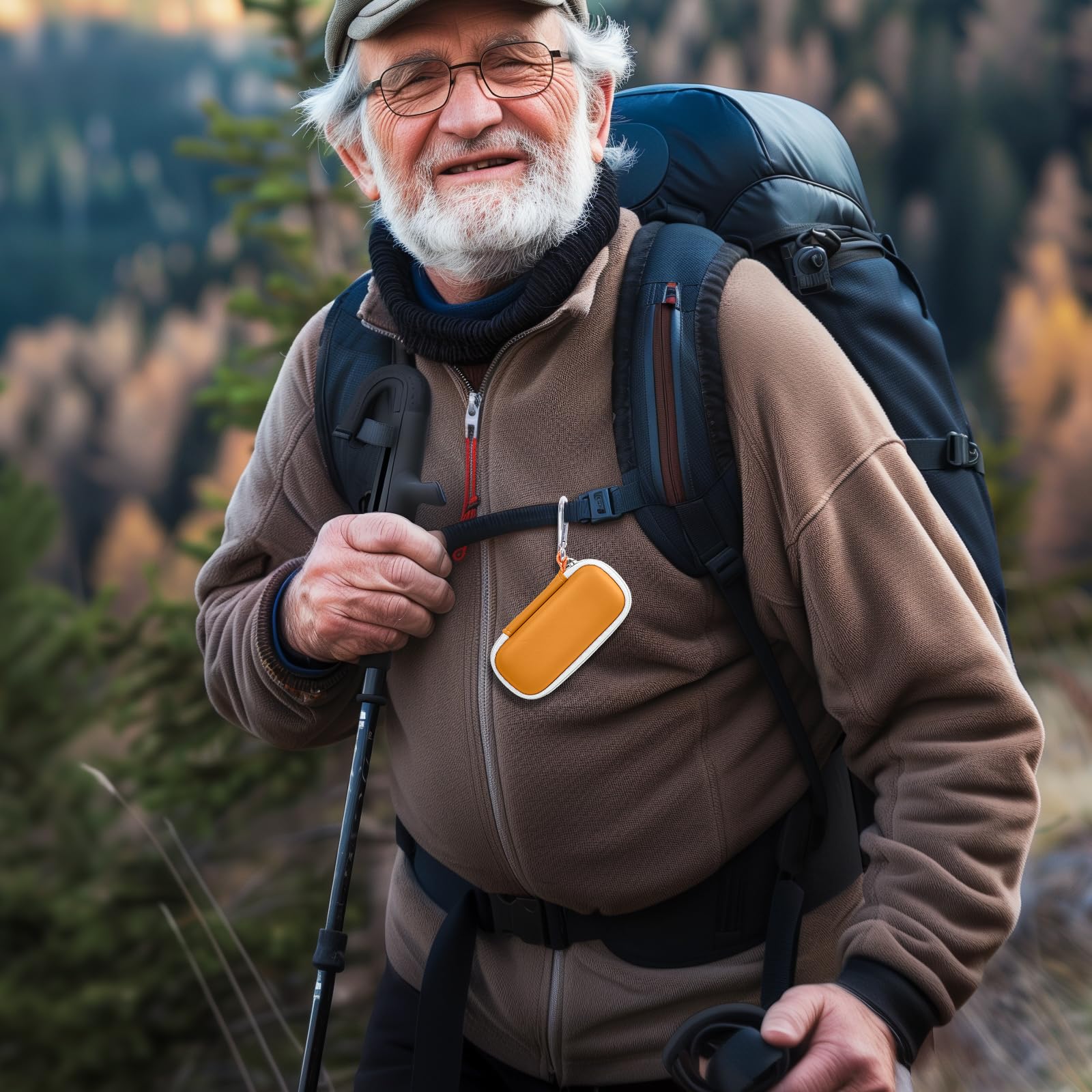 Hiker carrying the orange KardiaMobile case on a backpack strap