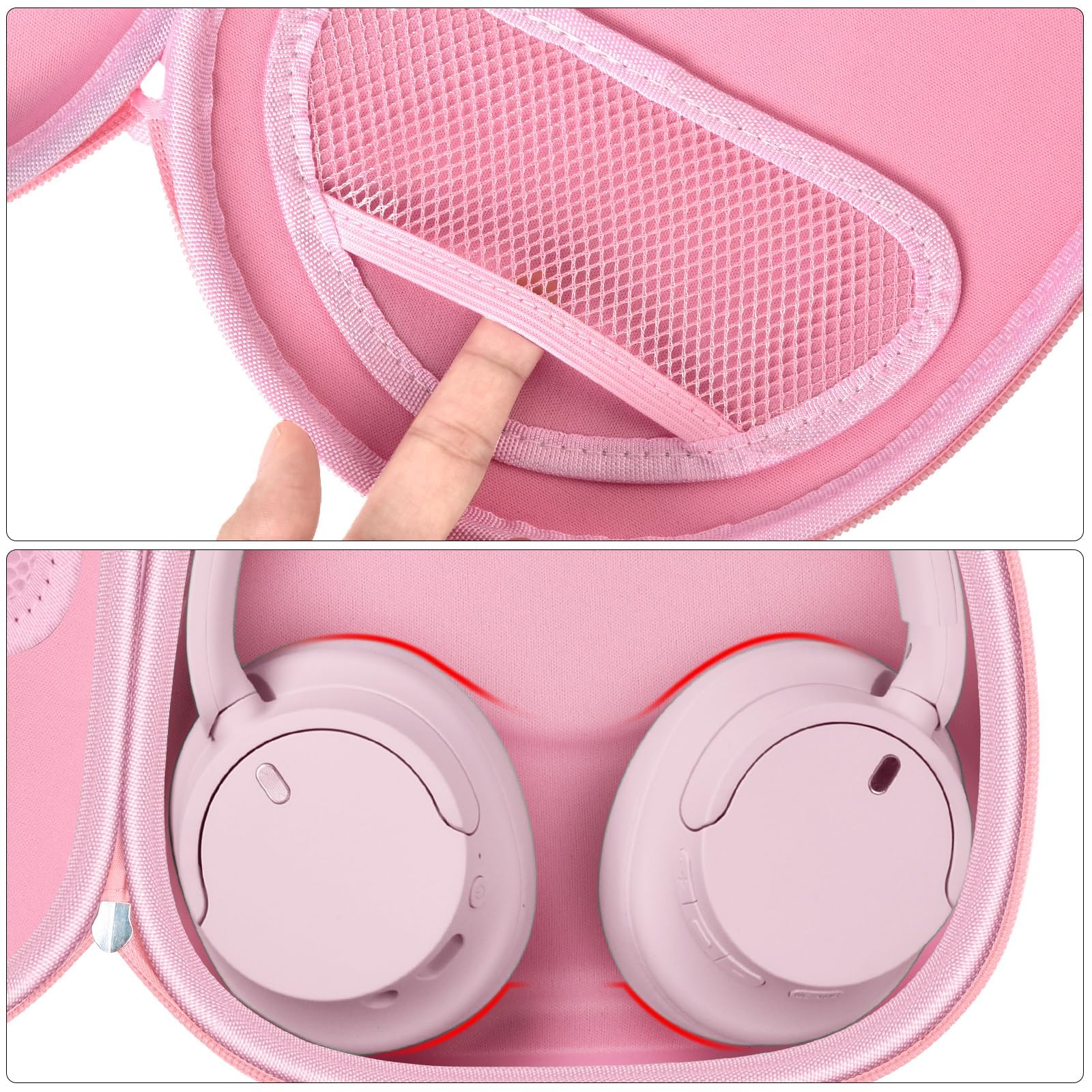 Pink headphone case interior with mesh accessory pocket and folded headphones