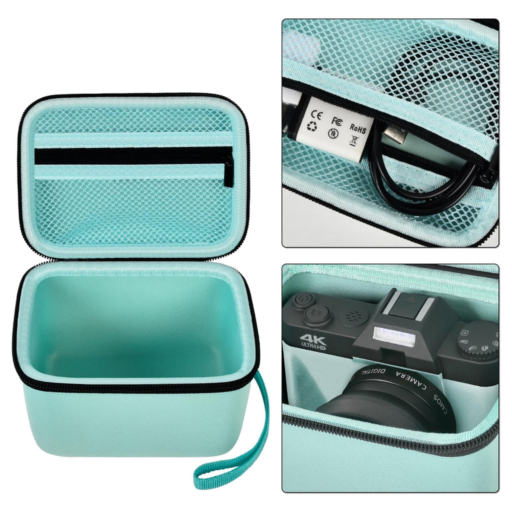 Mint green camera organizer interior with mesh accessory pocket and padded divider