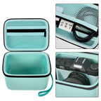 Mint green camera organizer interior with mesh accessory pocket and padded divider