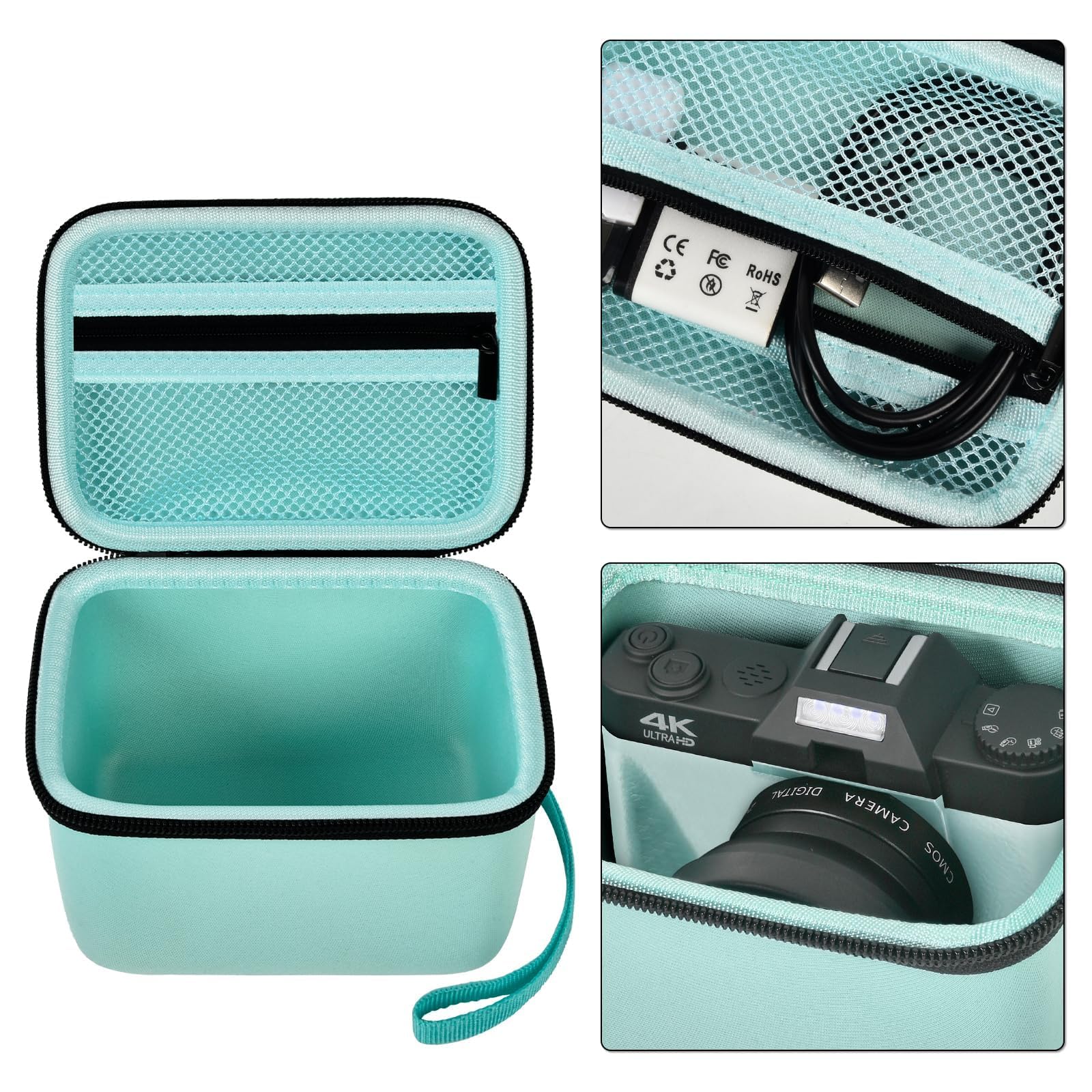 Mint green camera organizer interior with mesh accessory pocket and padded divider