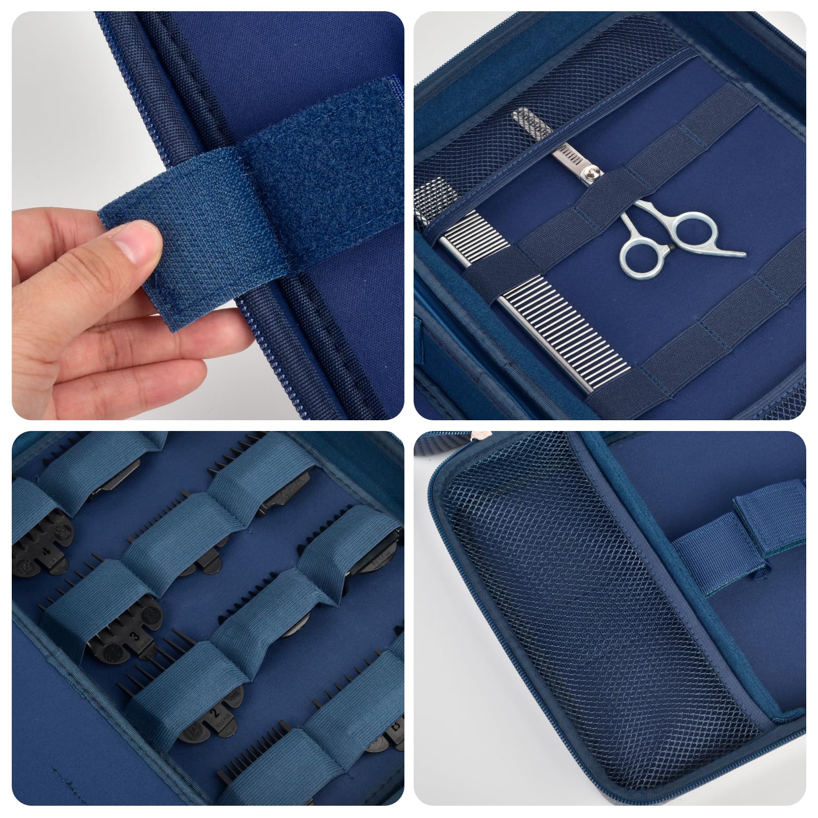 Blue clipper case interior with adjustable elastic straps, mesh pocket, and padded compartments