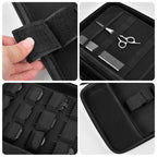 Close-up of adjustable elastic straps and compartments inside the black clipper case