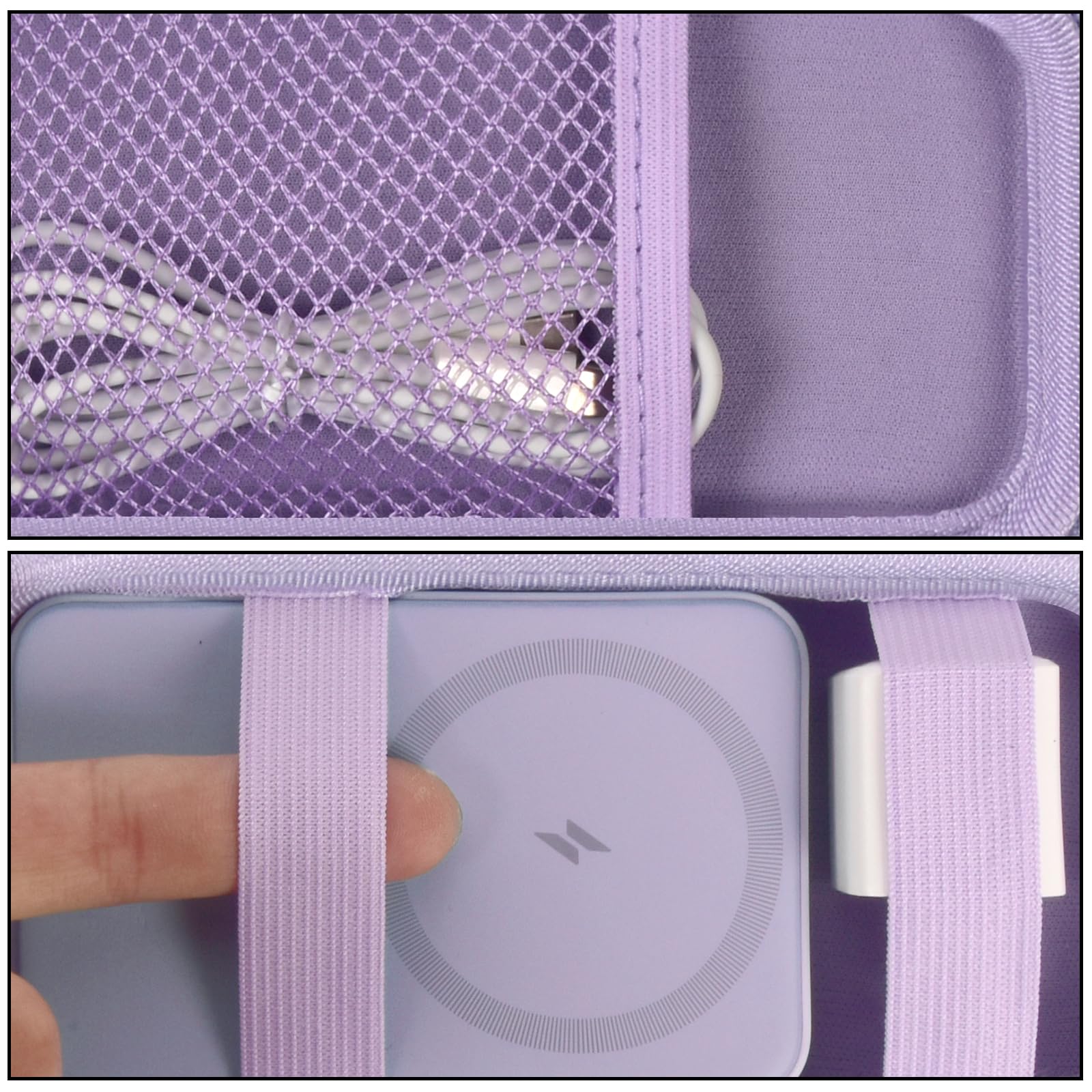 Purple case interior securing a magnetic power bank with elastic straps and cable in the mesh pocket