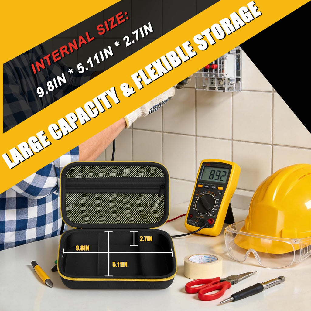 Large-capacity multimeter case showing internal dimensions and flexible storage layout