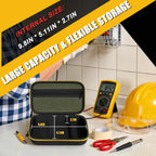 Large-capacity multimeter case showing internal dimensions and flexible storage layout