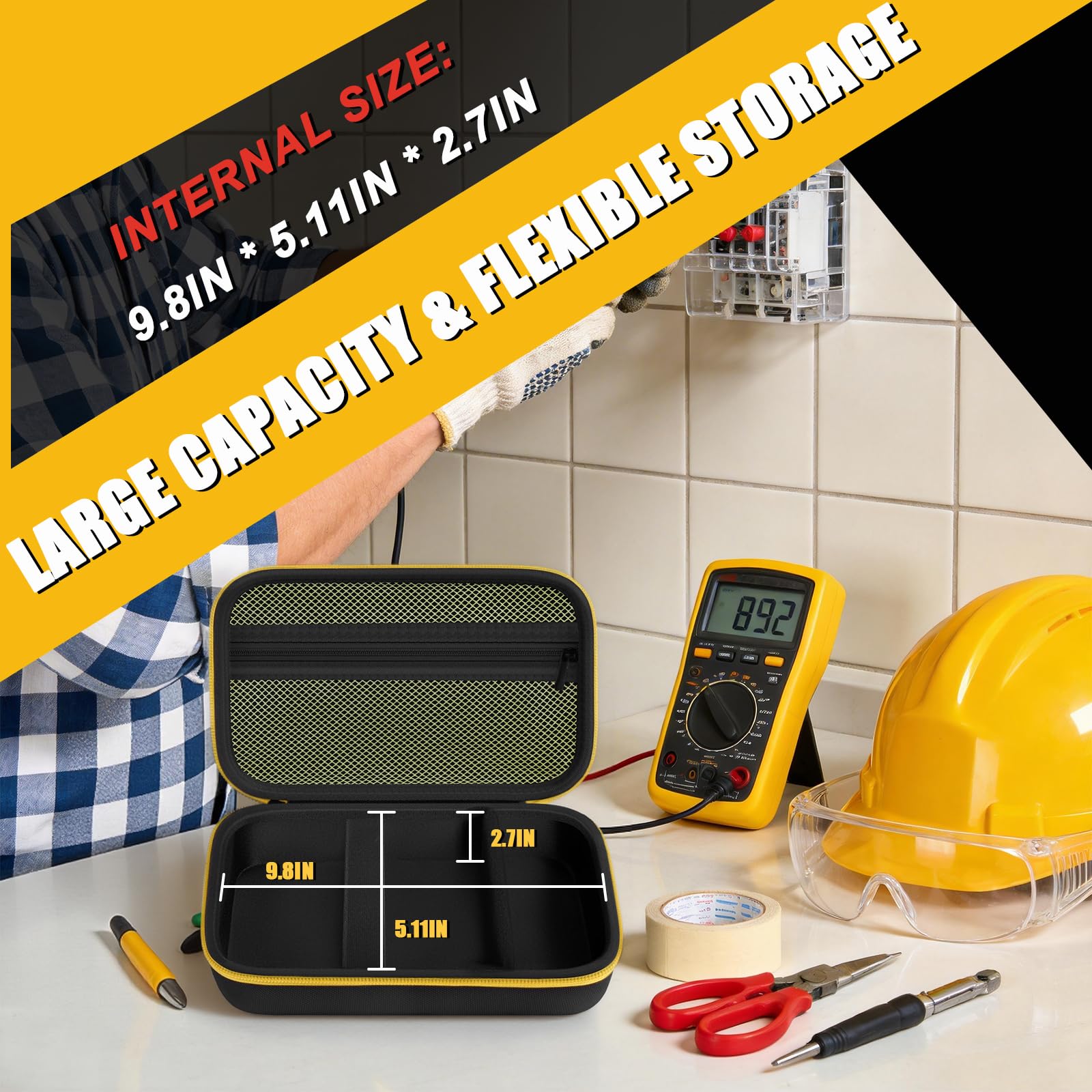 Large-capacity multimeter case showing internal dimensions and flexible storage layout