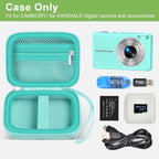 Mint green protective digital camera case shown open with compatible compact camera and accessories