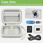 White protective digital camera case shown open with compatible compact camera and accessories
