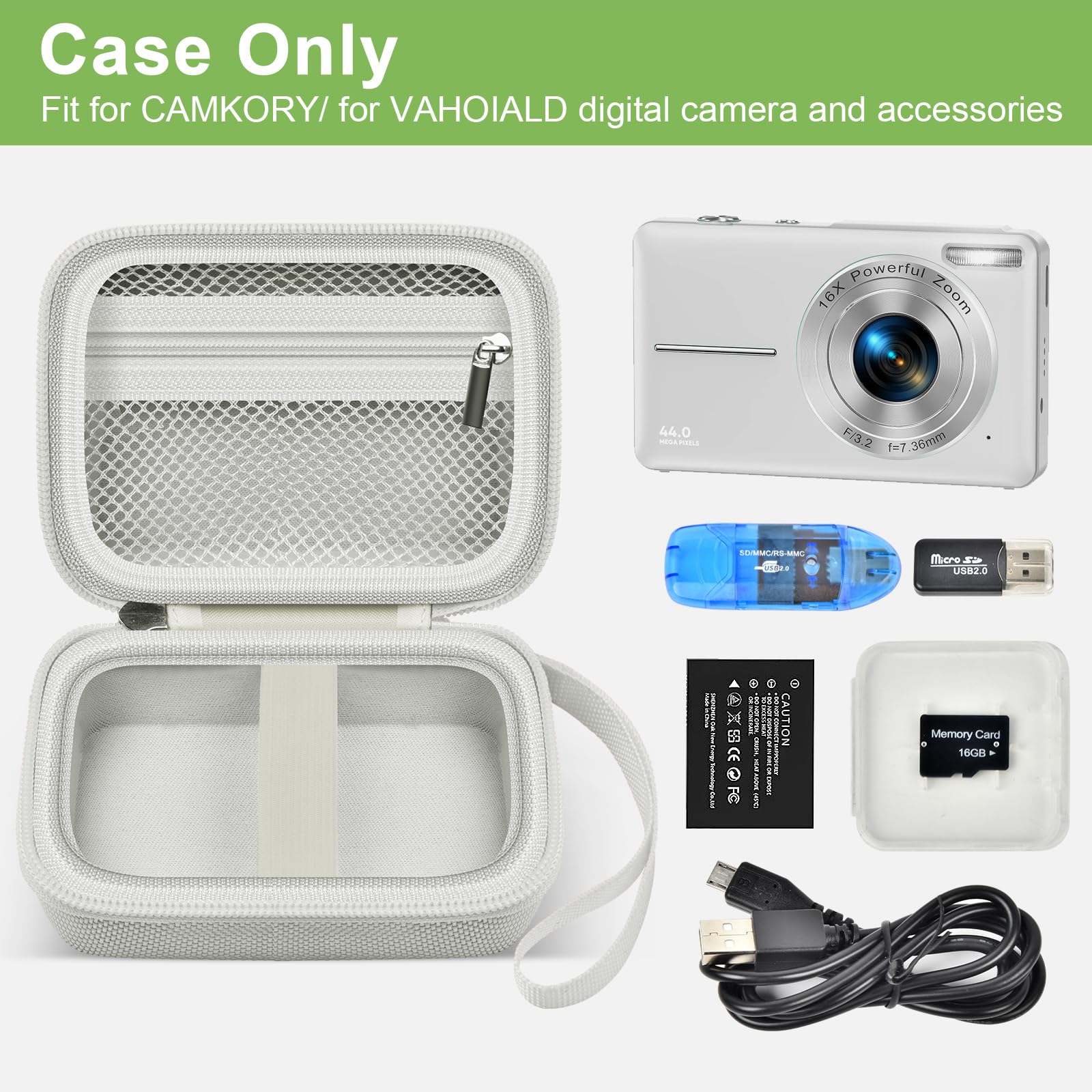 White protective digital camera case shown open with compatible compact camera and accessories