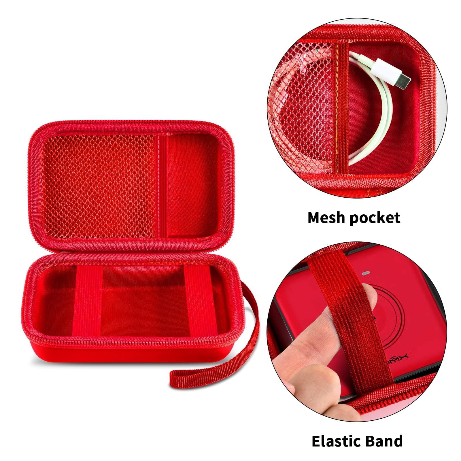 Open red organizer with mesh cable pocket, elastic straps, and divided compartments