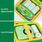 Green kids instant print camera case interior mesh pocket and elastic strap detail