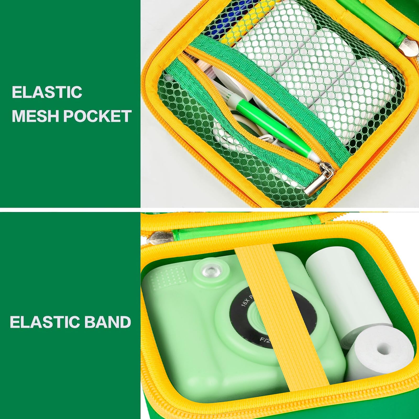 Green kids instant print camera case interior mesh pocket and elastic strap detail