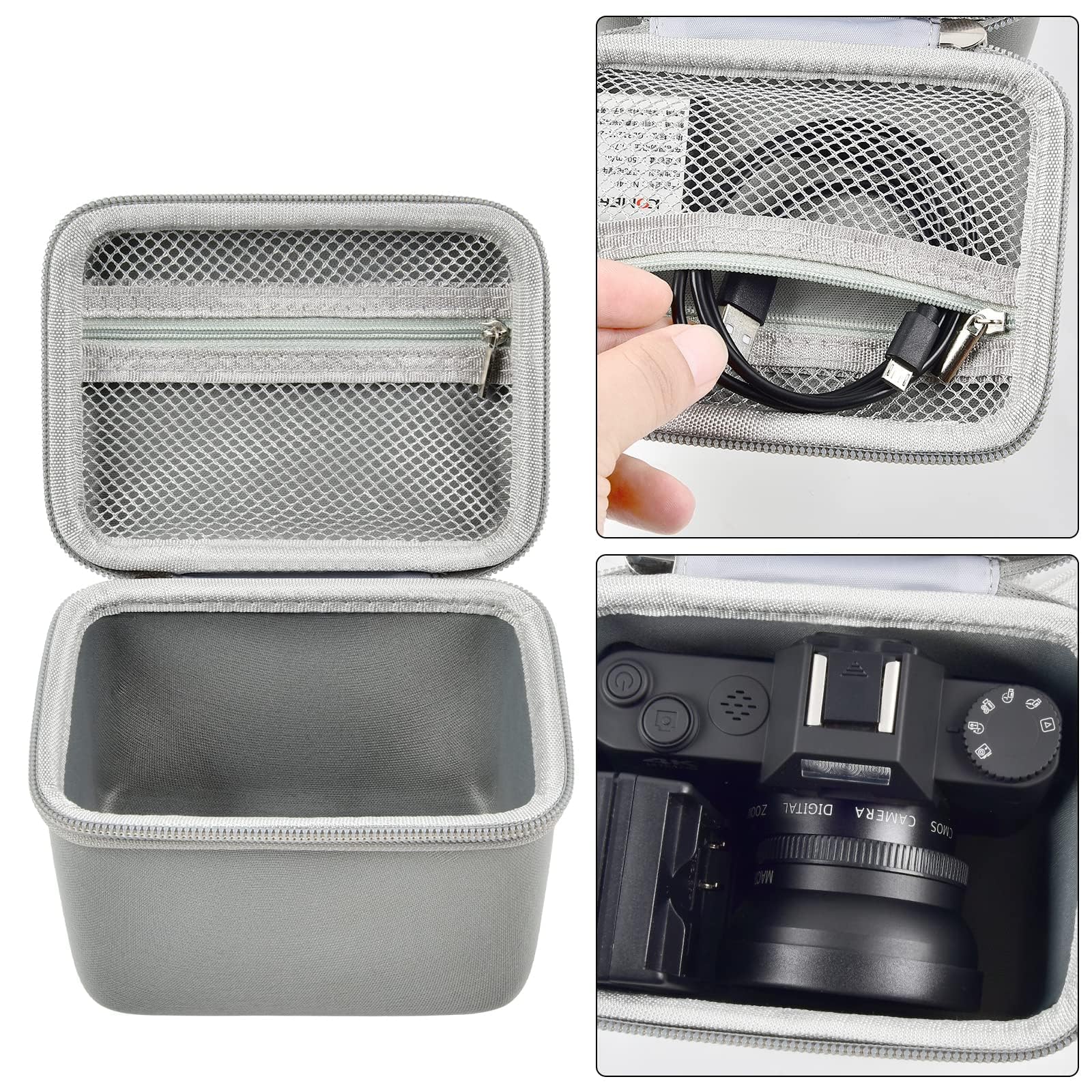 Gray camera organizer interior with mesh accessory pocket and padded divider