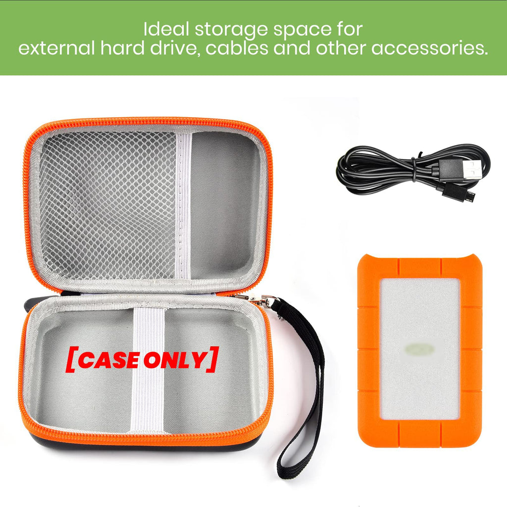 Open black and orange hard drive case with mesh pocket, cable, and portable drive; case only