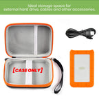 Open black and orange hard drive case with mesh pocket, cable, and portable drive; case only