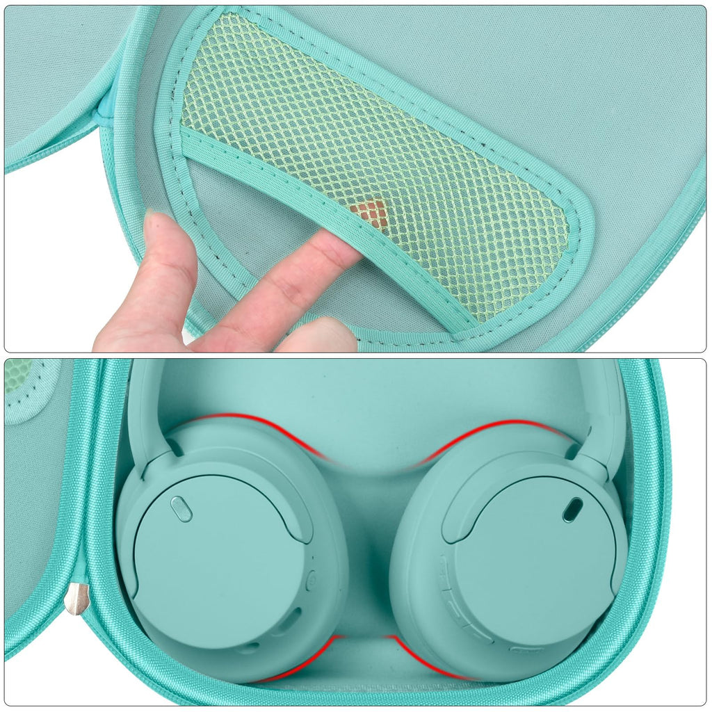 Mint green headphone case interior with mesh accessory pocket and folded headphones