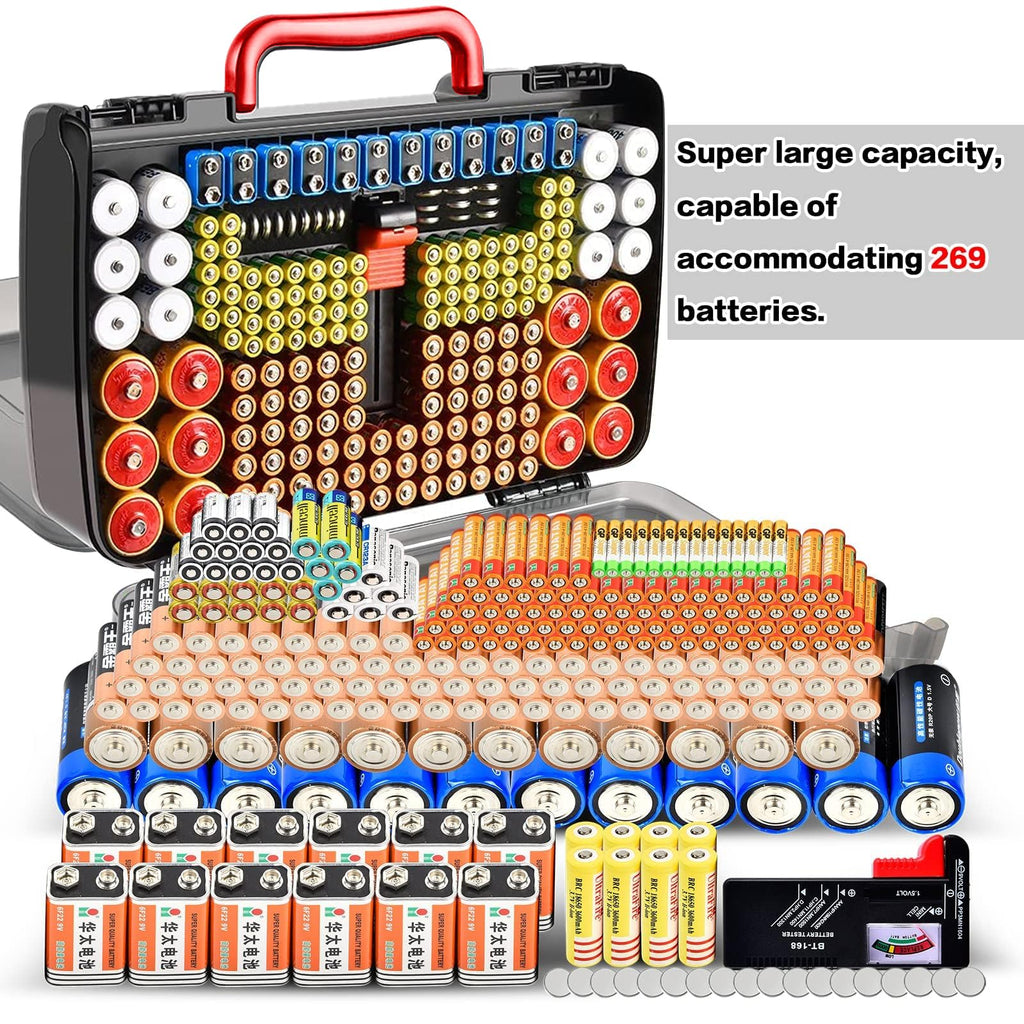 Black with red handle 269-slot battery organizer case large-capacity organizer shown with supported battery sizes