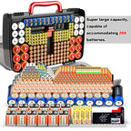 Black with red handle 269-slot battery organizer case large-capacity organizer shown with supported battery sizes