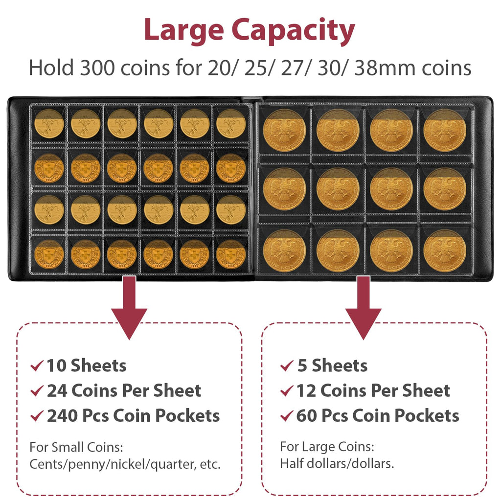 Burgundy coin collection album showing capacity for 300 coins in multiple pocket sizes