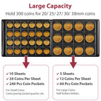 Burgundy coin collection album showing capacity for 300 coins in multiple pocket sizes