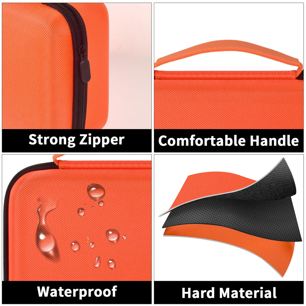 Orange label maker case with strong zipper, handle, water-resistant shell, and hard material