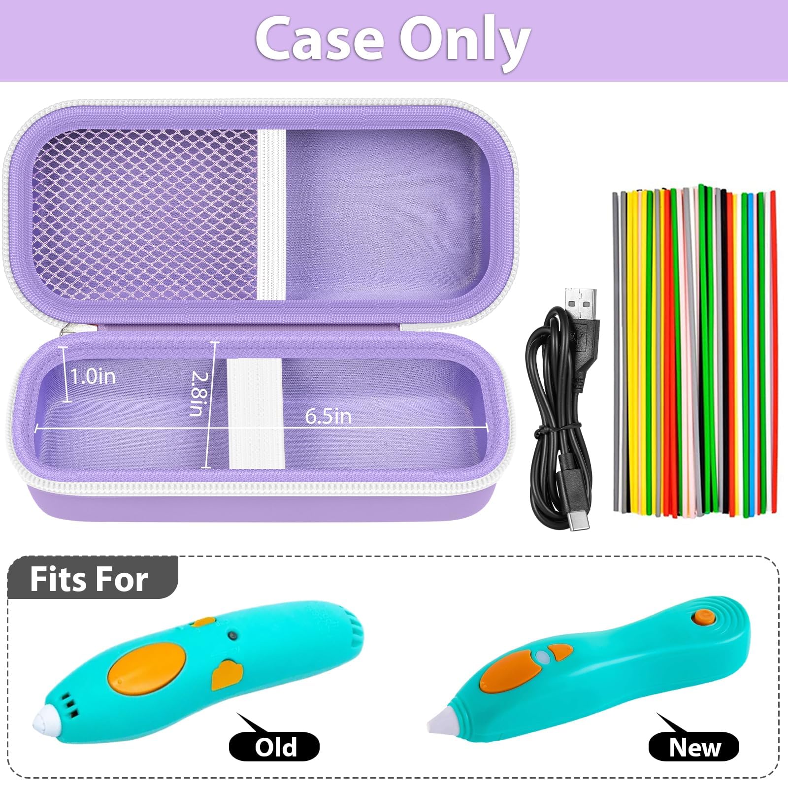 Open lavender 3Doodler Start+ pen case with mesh filament pocket and elastic pen straps; case only