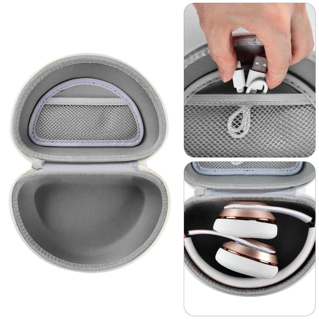 Open white headphone case with mesh accessory pocket and folded over-ear headphones