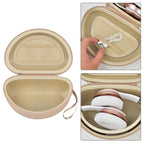 Open beige headphone case with mesh accessory pocket and folded over-ear headphones